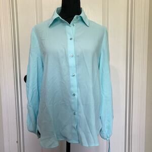Anne Klein‎ Ocean Sky Blue Button Down Blouse Drawstring Cuffs Womens Small NEW
